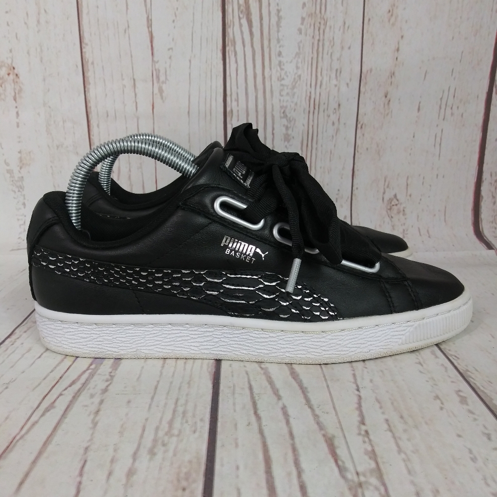 Puma Basket Heart Oceanaire Black Leather Sneakers Women's Size 8 Shoes